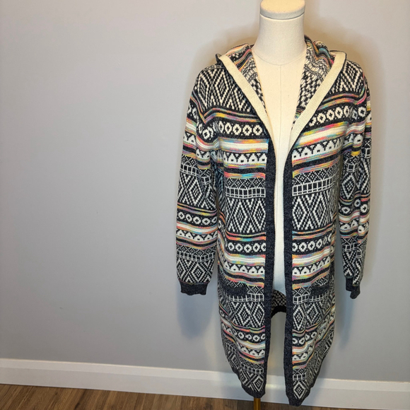 Monteau Los Angeles Sweaters - Monteau Los Angeles Women's Fair Isle Rainbow Pastel Long Hooded Cardigan, SZ S